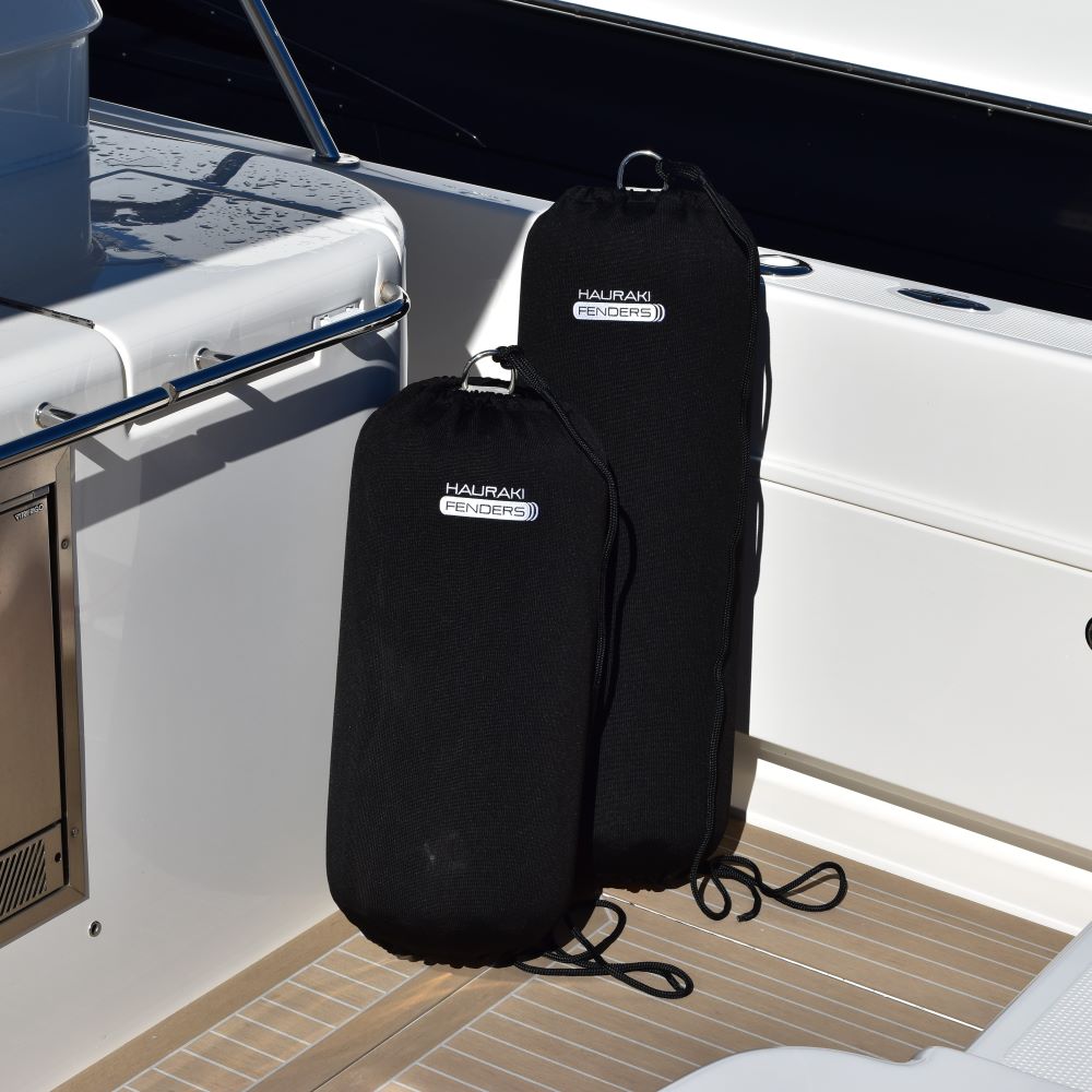 Hauraki Knitted Polyester Fender Covers -  Tubular black fender covers with drawstring for inflatable boat fenders