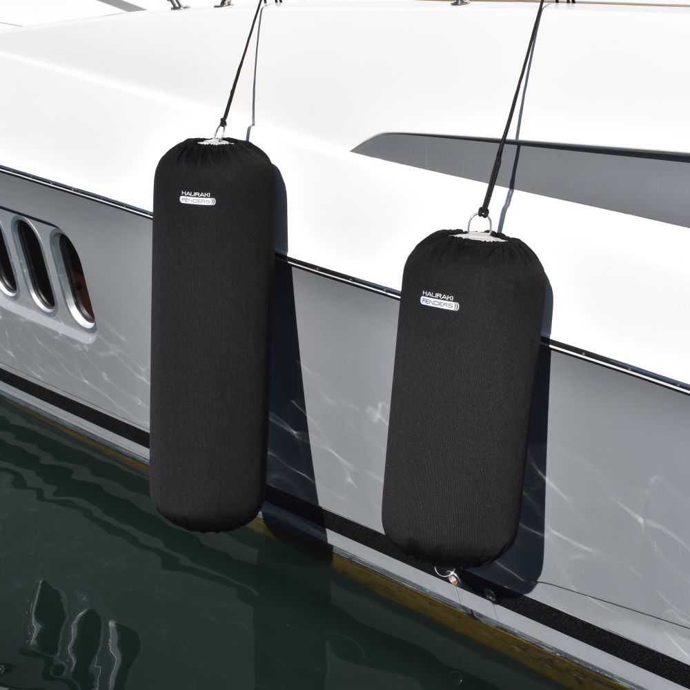 Hauraki Knitted Polyester Fender Covers -  Tubular black fender covers with drawstring for inflatable boat fenders