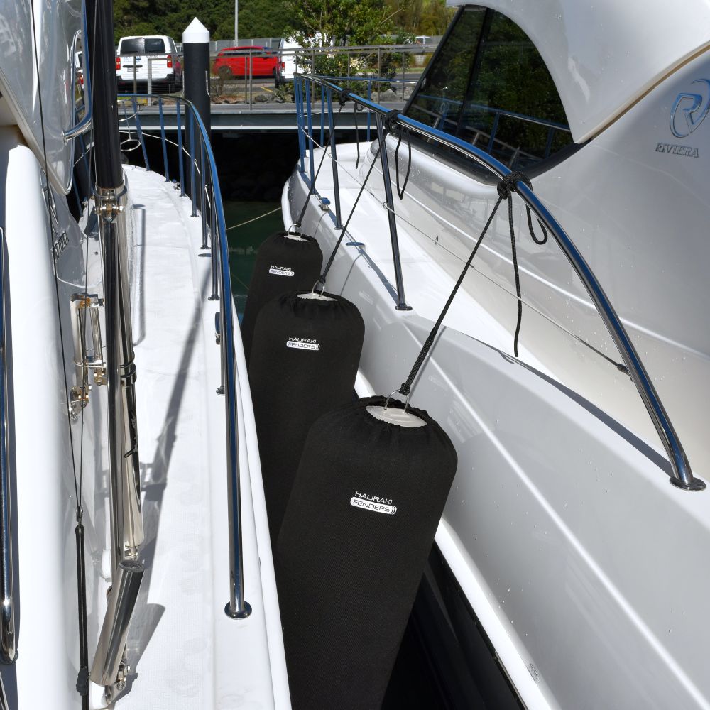 Hauraki Knitted Polyester Fender Covers -  Tubular black fender covers with drawstring for inflatable boat fenders